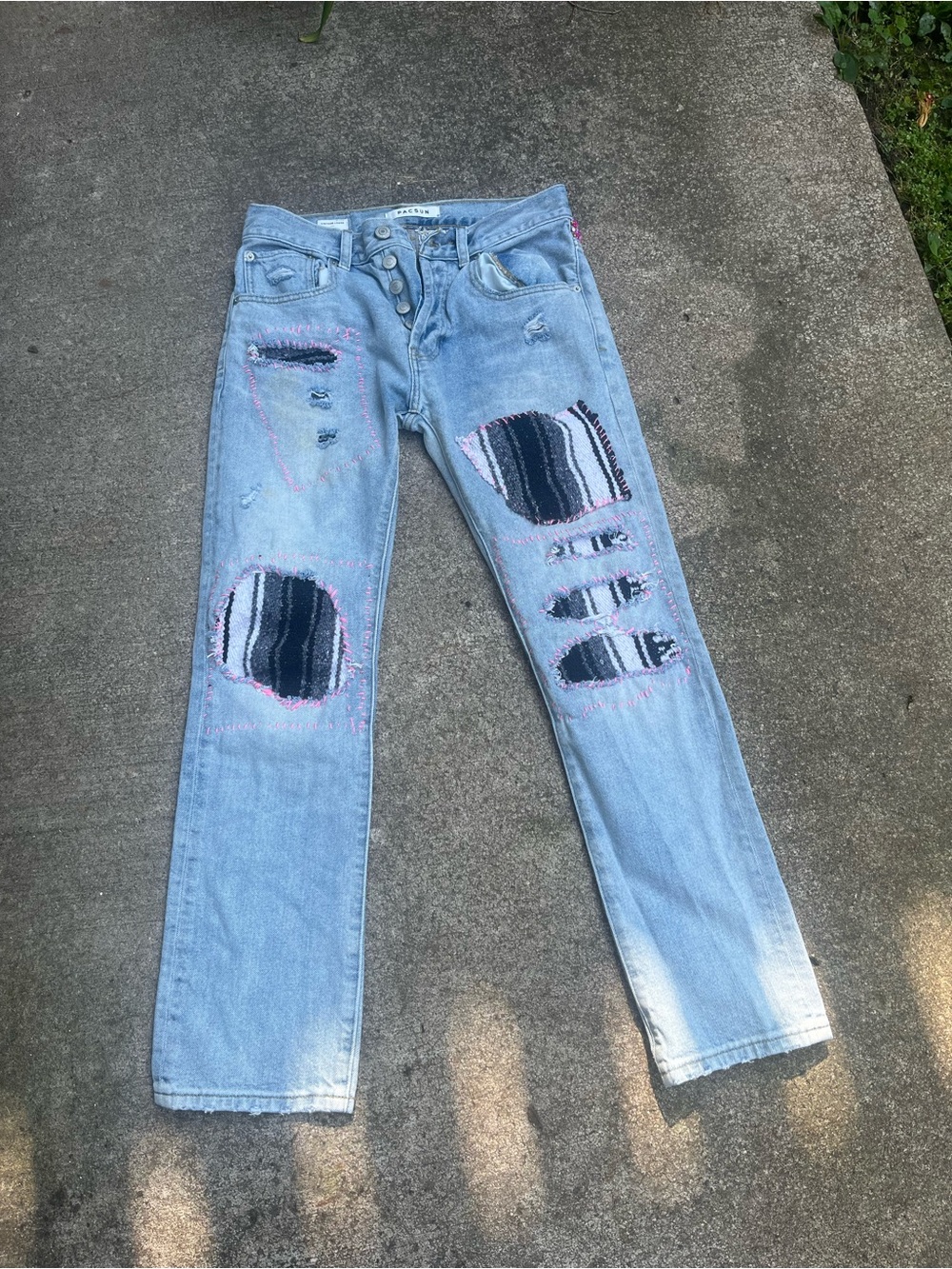 OOAK reworked PacSun Light Blue Jeans with Patchwork intricate beading
